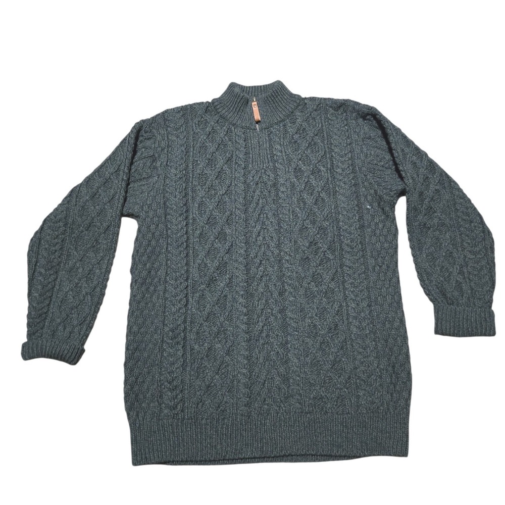 Aran Crafts Ireland Mens 100% Merino Wool Quarter Zip Cable Knit Sweater Green L